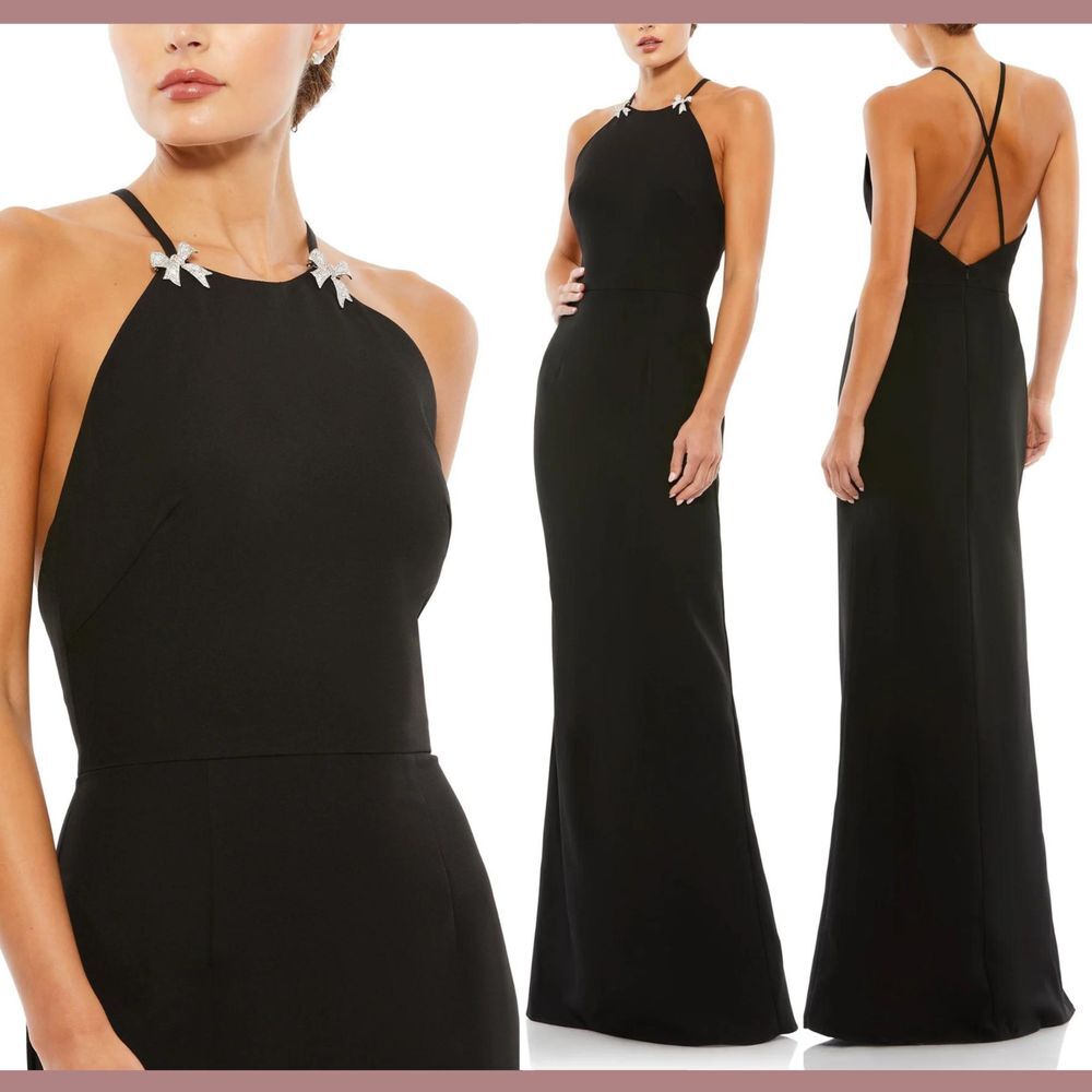 NWT‎ IEENA Mac Duggal [ 4 ] Halter Neck Bow Strap Criss Cross Column Gown S1083